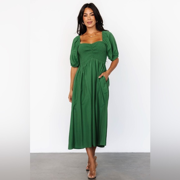Baltic Born Forest Green Puff Sleeve Midi Dress